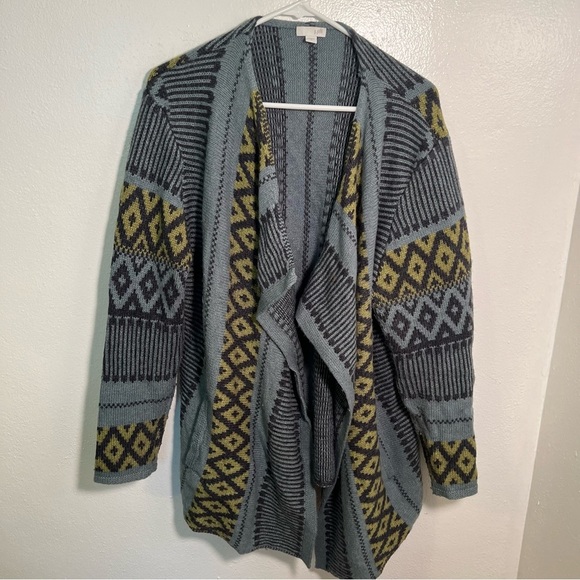 J. Jill Open Front Waterfall Cardigan Blue Green Geometric L - Picture 3 of 12
